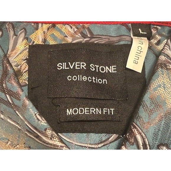 Silver Stone Men's Modern Fit Long-Sleeve Button-Up Teal/Silver Shirt NWT Size L - Picture 6 of 11